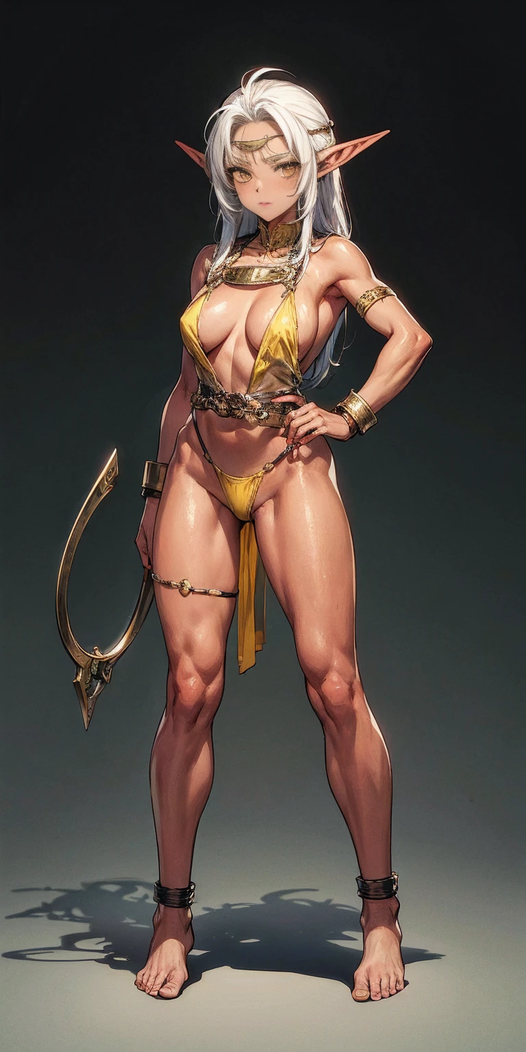 (Masterpiece, plain background:1.2) Female full body, standing straight symmetrical feet together, blood dark elf, dark skin, long messy white hair, short elf ears, circlet, yellow eyes, 1990s (style), female 1sologirl slingshot micro bikini, barefoot, bare handcuffs, shackles wristbands, bracers, bracelets, pauldrons metal shoulders