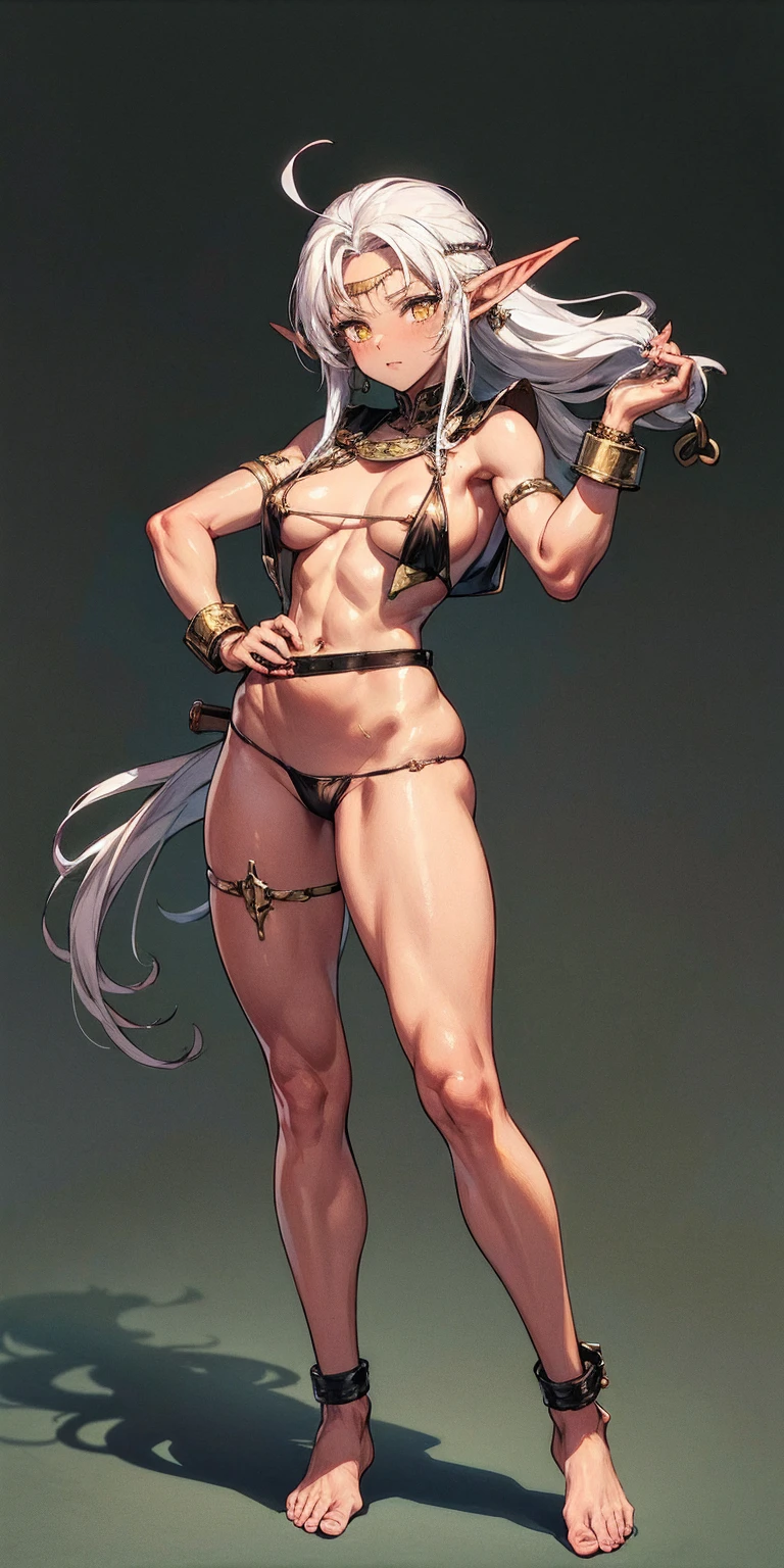 (Masterpiece, plain background:1.2) Female full body, standing straight symmetrical feet together, blood dark elf, dark skin, long messy white hair, short elf ears, circlet, yellow eyes, 1990s (style), female 1sologirl slingshot micro bikini, barefoot, bare handcuffs, shackles wristbands, bracers, bracelets, pauldrons metal shoulders