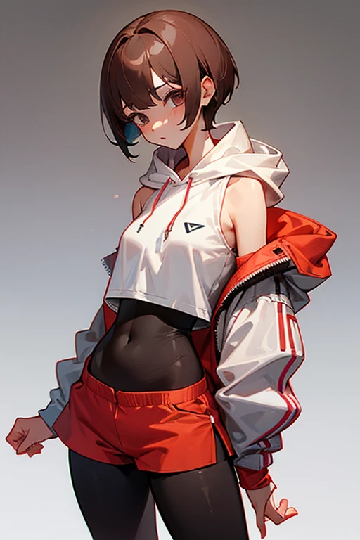 Cute girl 、Grey-based design、Grey clotheonotone fashion、Belly button、Shoulder、slender、黒いTight clothing、Pixie Cut、Sporty、Grown-up、24-years-old、Red-brown hair、Oversized Shorts、Oversized hoodie、Translucent tightesh tights、Off-the-shoulder hoodie、See-through design、Short skirt、tracksuits