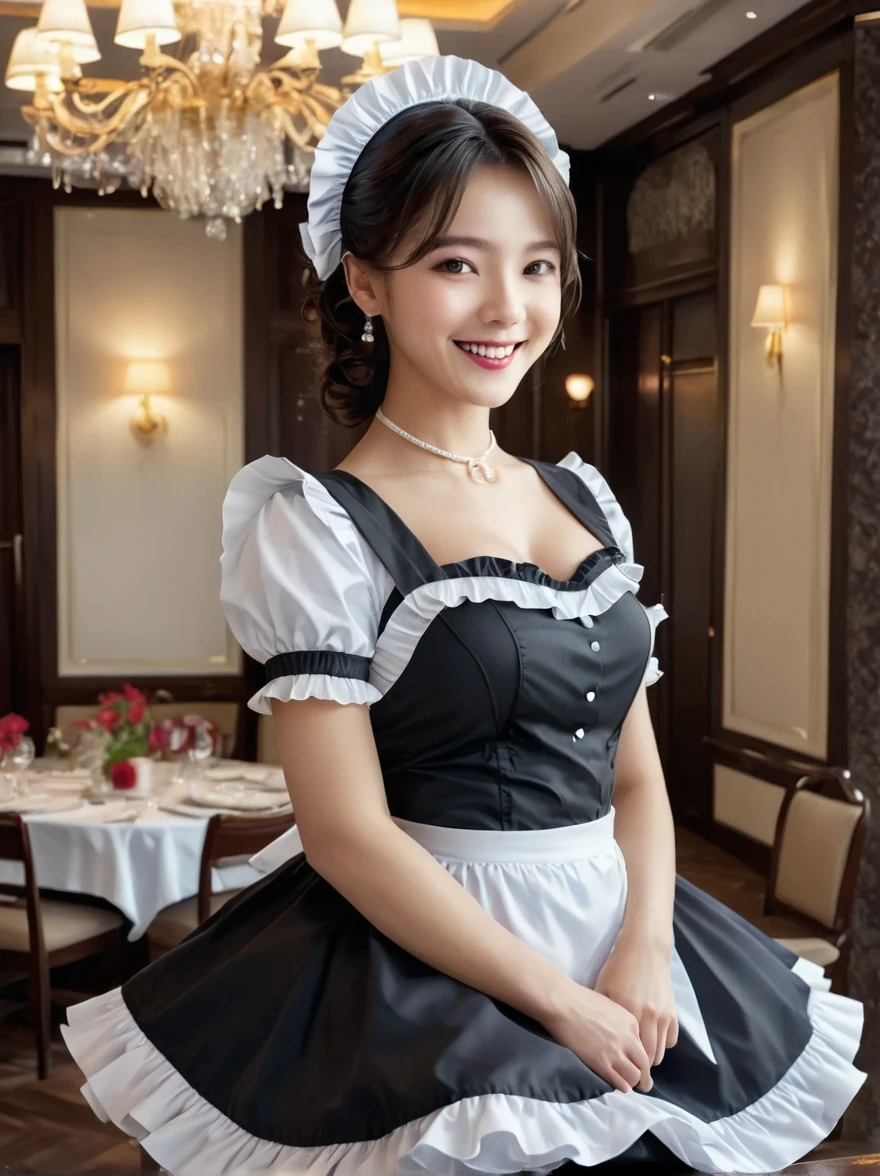 (Vision:1.4),(Wide Angle:1.3),((1 beautiful maid, Black and white maid, Maid dress with ruffles, The background is the VIP room, Hearty dining table, Elegant standing maid)), Emphasize body lines, The biggest smile staring at the camera, Looking at the camera, Perfect smile, Staring at the camera with a bright smile, High-resolution RAW color photography, Professional photography, Extremely exquisite and beautiful, Extremely detailed, Fine details, Very large file size, Top quality, 8K, Photos taken with a SLR camera