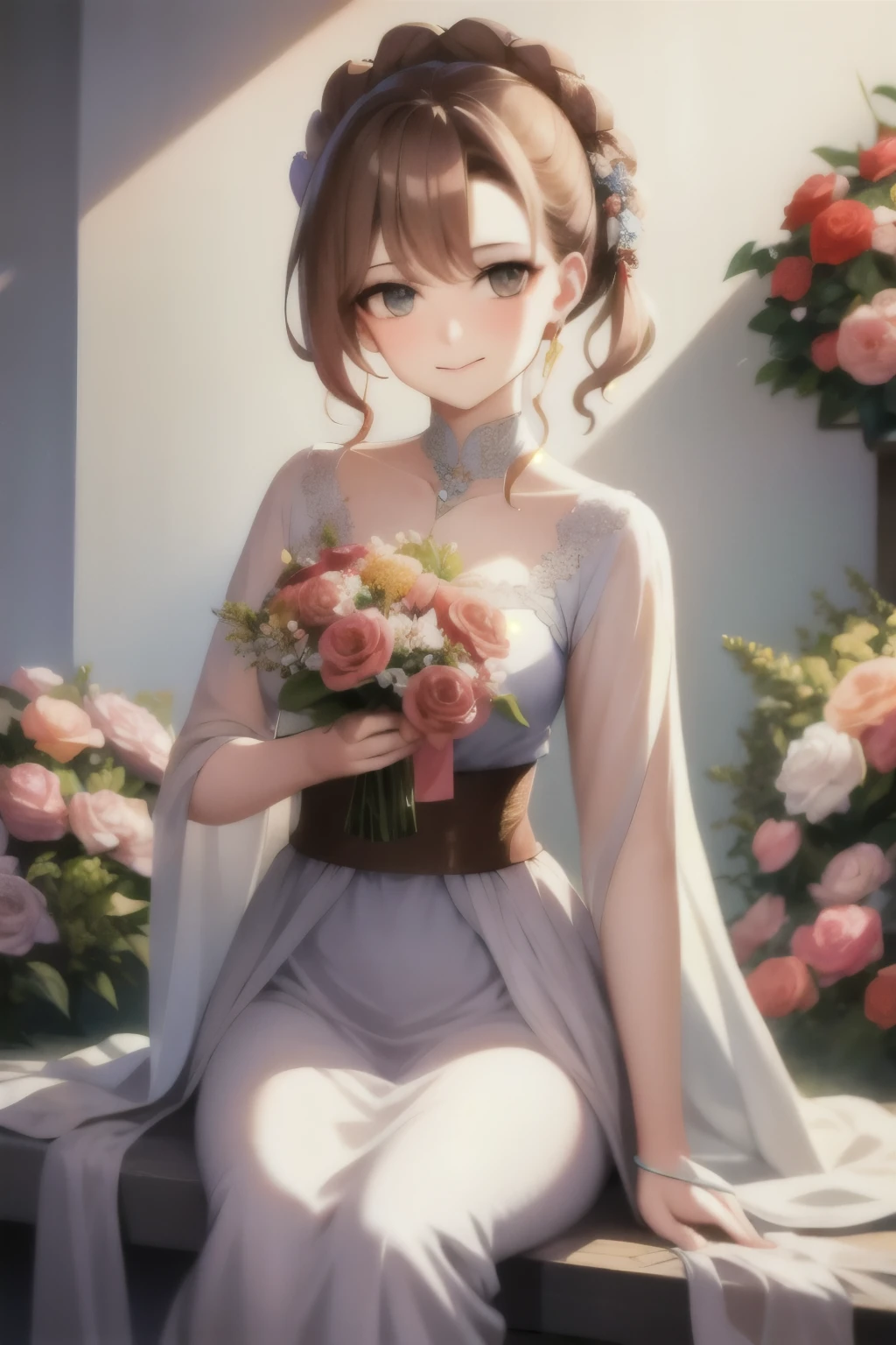 a close up of a woman holding a vase of flowers, with flowers, magazine photo, by Ayami Kojima, official artwork, jinyoung shin, with frozen flowers around her, by Ni Tian, dilraba dilmurat, jaeyeon nam, cynthwave, hwang se - on, mackenzie foy, by Zhang Han, park ji-min, by Jin Nong