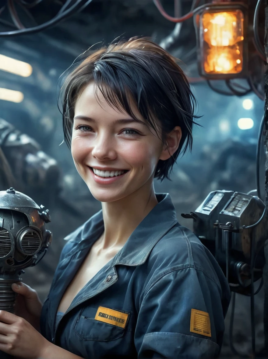 Analog style, high resolution, (((masterpiece))), Coal miners, woman, (Sexy:0.9), dirty, Cyberpunk, Futuristic, Science Fiction, Very detailed, short hair, Award-winning poster, (((Reality))), , Emphasize body lines, The biggest smile staring at the camera, Looking at the camera, Perfect smile, Staring at the camera with a bright smile, High-resolution RAW color photography, Professional photography, Extremely exquisite and beautiful, Extremely detailed, Fine details, Very large file size, Top quality, 8K, Photos taken with a SLR camera