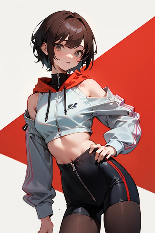 Cute girl 、Grey-based design、Grey clotheonotone fashion、Belly button、Shoulder、slender、黒いTight clothing、Pixie Cut、Sporty、Grown-up、24-years-old、Red-brown hair、Oversized Shorts、Oversized hoodie、Translucent tightesh tights、Off-the-shoulder hoodie、See-through design、tracksuits、zip