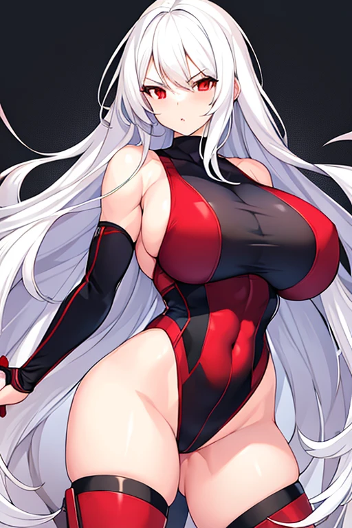 1girl, white hair, long hair, red eyes, serious, glowing eyes, large breasts, mature female, athletic female, toned, leotard, black leotard, thick thighs, spread legs