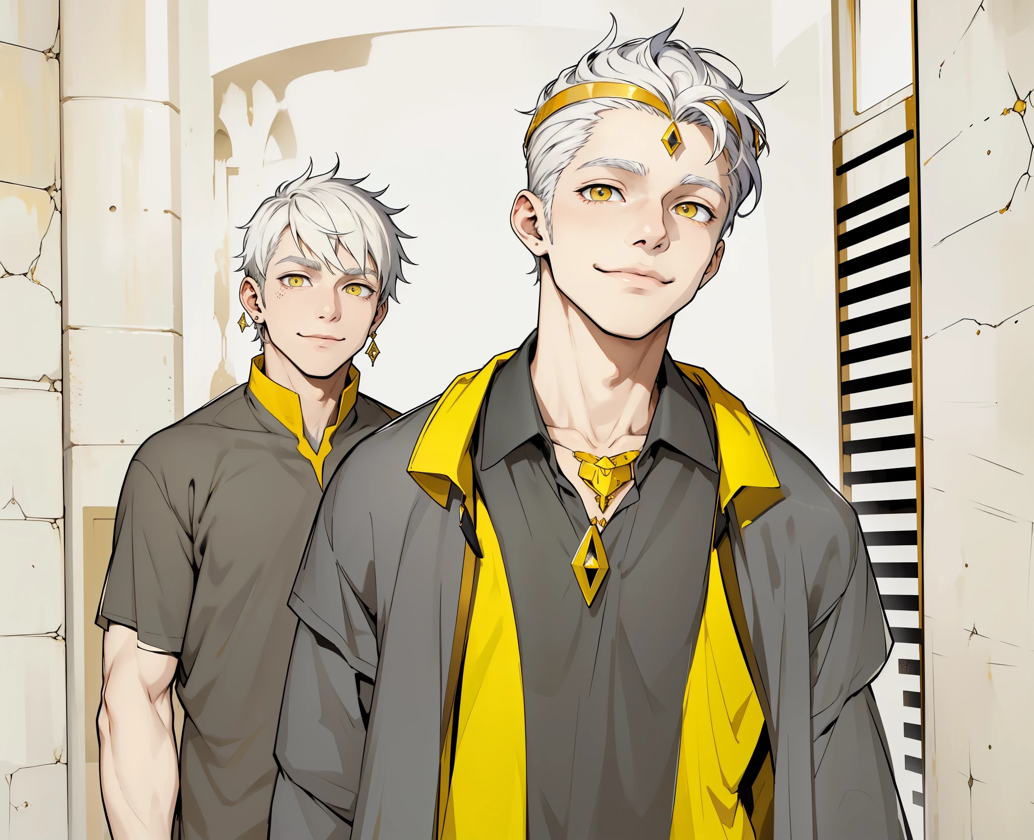 cute 18 year old boy yellow eyes white hair, ropa negra y amarilla del antiguo egipto joyas doradas sonrrisa picara pocardia habla con burla ironia ojos amarillo cabello blanco joyas doradas ropa egipcia negra y amarilla