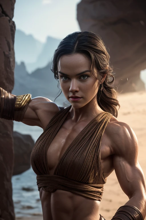 Daisy Ridley as Rey from Star Wars, (flexing veiny bicep pose:1.35), long flowing hair, brown eyes, seductively smiling, flirtatious, shredded abs, Real Life, full bodyshot, (Ultra Realistic:1.4), Photorealism, Photography, 8K UHD, Photo, HDR, Complex and Elegant, Highly Detailed, Sharp Focus, Stunning, Beautiful, (Gorgeous: 1.2), Best Quality 1:1, Ultra Detail: 1.4, Best Shadows, (8k: 1.1), (beautiful detailed face), high contrast, (perfect lighting: 1.2), ((cinematic light)), colorful, hyper-detail, dramatic light, intricate detail, photograph by arny freytag, glamorous 