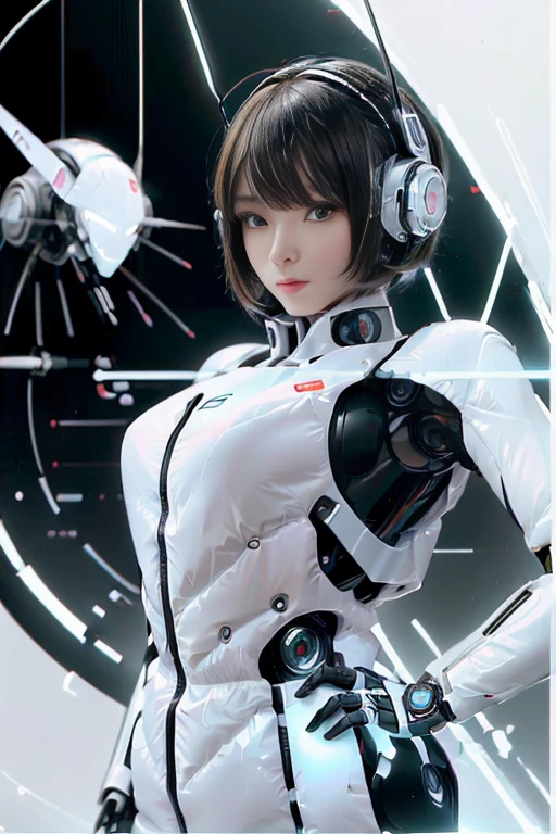 A girl in a futuristic bright white heavily armored robot suit takes a photo、perfect android girl, Female cyborg body, Perfect anime cyborg woman, Beautiful female android!, Female Robot, completely robot!! girl, Cute cyborg girl, Cyber Suit, Girl wearing mecha cybernetic armor, Cyber Suit, beutiful white girl cyborg, Beautiful female android, Beautiful girl cyborg、Cute cyborg girl with short bob hair、Beautiful android sculpture model、(Laughter)、((Rounded, white, sturdy armor))、(((Equipped with long sensor antennas on both ears)))、(((Robot Girl)))、(((Android girls)))、
