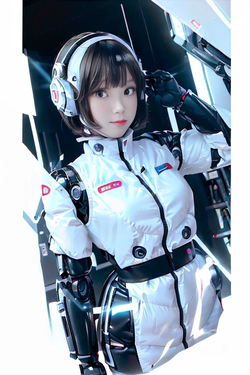 A girl in a futuristic bright white heavily armored robot suit takes a photo、perfect android girl, Female cyborg body, Perfect anime cyborg woman, Beautiful female android!, Female Robot, completely robot!! girl, Cute cyborg girl, Cyber Suit, Girl wearing mecha cybernetic armor, Cyber Suit, beutiful white girl cyborg, Beautiful female android, Beautiful girl cyborg、Cute cyborg girl with short bob hair、Beautiful android sculpture model、(Laughter)、((Rounded, white, sturdy armor))、(((Equipped with long sensor antennas on both ears)))、(((Robot Girl)))、(((Android girls)))、
