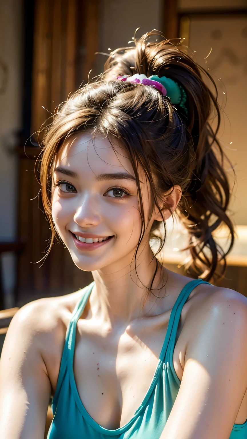 highest quality, masterpiece, Ultra-high resolution, (Realistic:1.4), (Facing portraits) RAW Photos, 1 girl, 20-year-old,((Sexy one piece swimsuit)),Disheveled Hair,((Ponytail and hair tie)),((Look up at the audience)),Realistic,((Random Background)), Image Media Chest)),((Smiling with teeth showing)),
