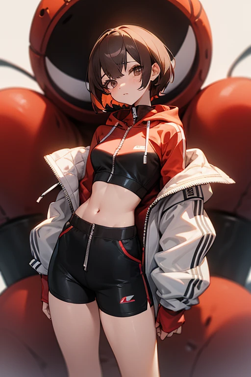 Cute girl 、Grey-based design、Grey clotheonotone fashion、Belly button、Shoulder、slender、黒いTight clothing、Pixie Cut、Sporty、Grown-up、24-years-old、Red-brown hair、Oversized Shorts、Oversized hoodie、Translucent tightesh tights、Off-the-shoulder hoodie、See-through design、tracksuits、zip