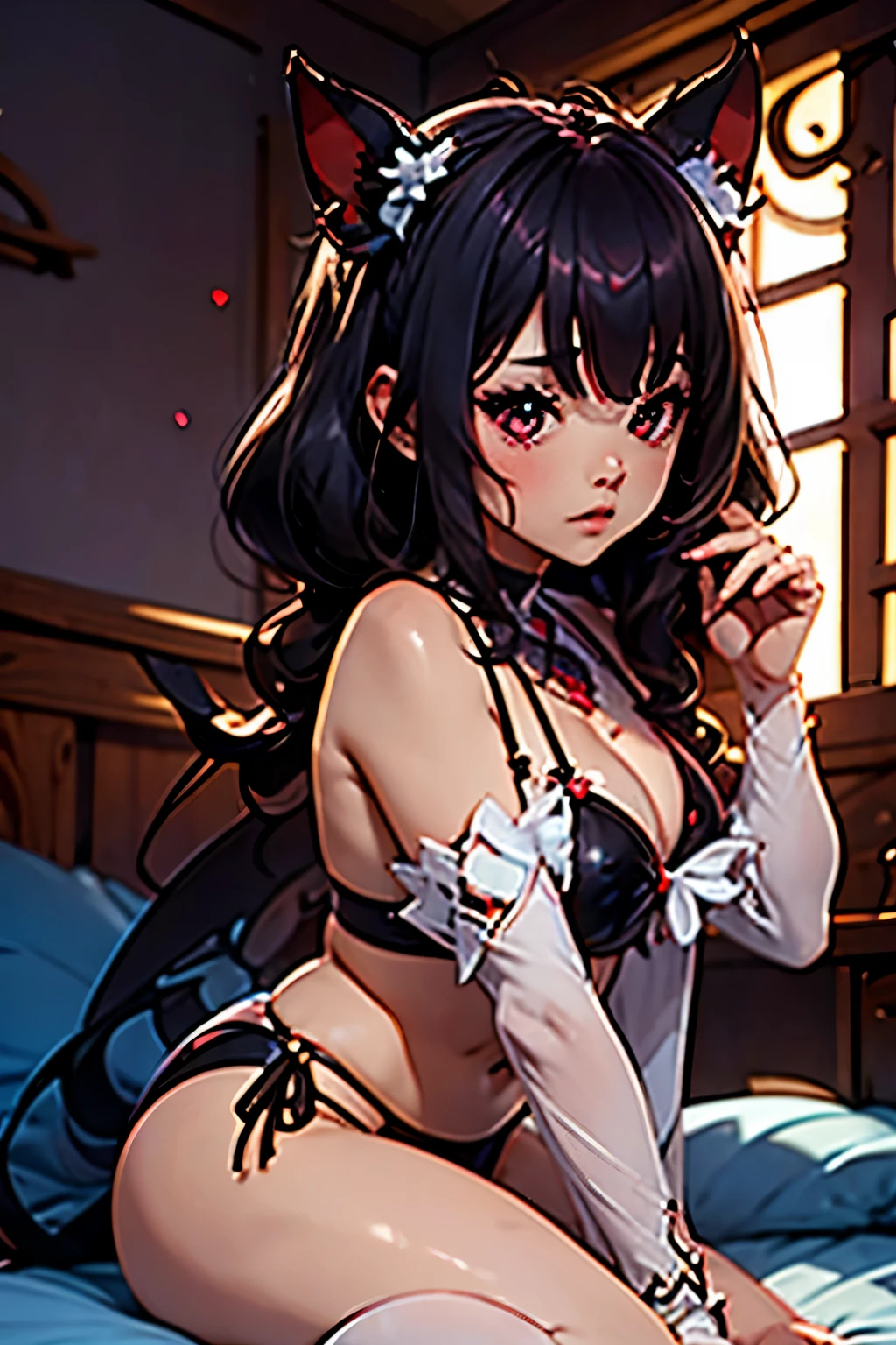 junkotvv como rosaria,orejas de garo, POR EL NEGRO, ojos rojos, vistiendo un bikini floral azul negro, sentarse en la cama mirando hacia el frente de la mano es muy detallado
