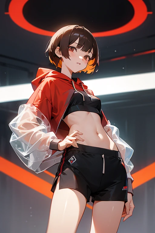Cute girl 、Grey-based design、Grey clotheonotone fashion、Belly button、Shoulder、slender、黒いTight clothing、Pixie Cut、Sporty、Grown-up、24-years-old、Red-brown hair、Oversized Shorts、Oversized hoodie、Translucent tightesh tights、Off-the-shoulder hoodie、See-through design、Short skirt、