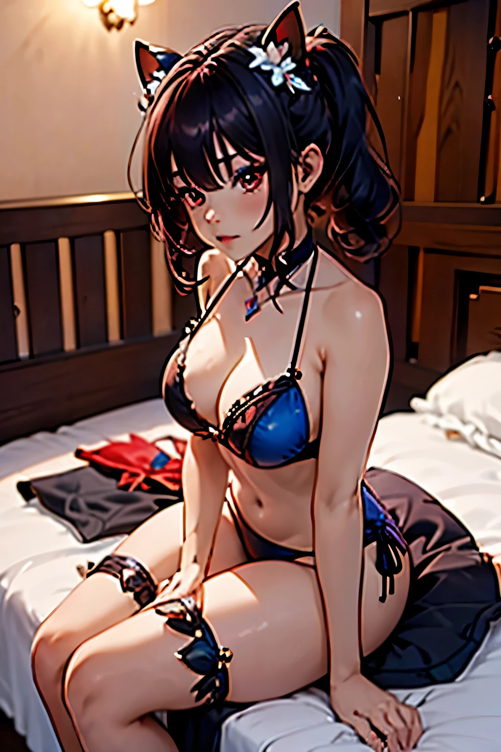 junkotvv como rosaria,orejas de garo, POR EL NEGRO, ojos rojos, vistiendo un bikini floral azul negro, sentarse en la cama mirando hacia el frente de la mano es muy detallado