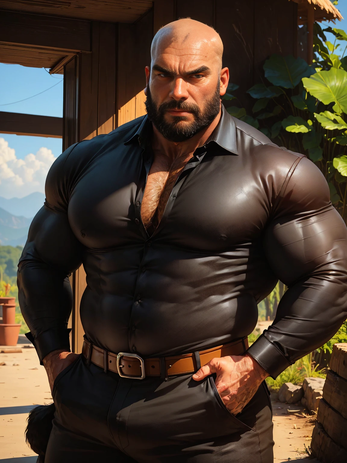 an exaggeratedly muscular and large bodyguard, grizzly old man, (bald: 1.2), beard, tan skin, (scars on face: 1.1), (suspicious expression: 1.1), (wearing black collared shirt: 1.2), unbuttoned, pants with belt, (crotch bulge: 1.2), (bara pecs: 1.3), (hairy chest and forearms: 1.2), portrait HD, in the jungle.
