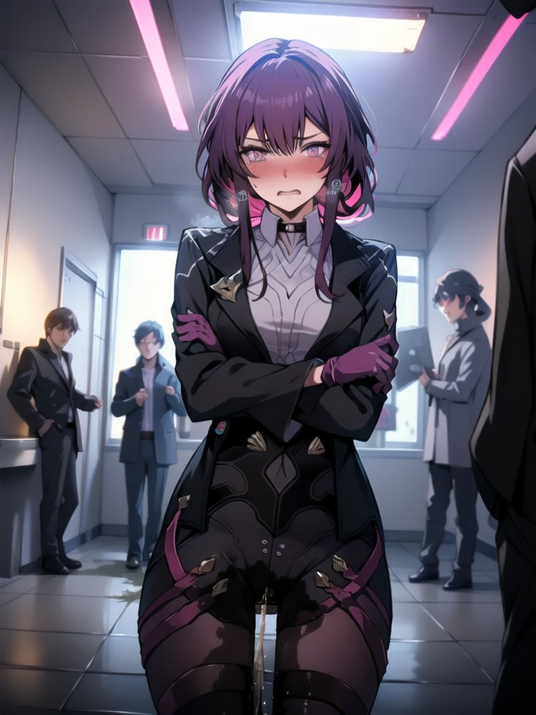 (highest quality:1.37), (masterpiece:1.37), HDR, physically-based rendering, bokeh, (cinematic lighting:1.37), aakafka, sunglasses, eyewear on head, harness, black jacket, white shirt, collared shirt, long sleeves, white sleeves, purple gloves, black shorts, thigh strap, pantyhose4, standing. The artwork is inspired by manga and incorporates a doujin style. The woman appears to be (wetting herself:1.5), which causes her to feel embarrassed and humiliated, resulting in a blush on her face. In addition, there is an air of anger in her expression. The lighting in the scene is moody, with a spotlight highlighting the woman's figure, her arms are crossed (arms crossed:1.5), (crossing arms:1.5), pee stain, peeing stain., large breasts, skinny