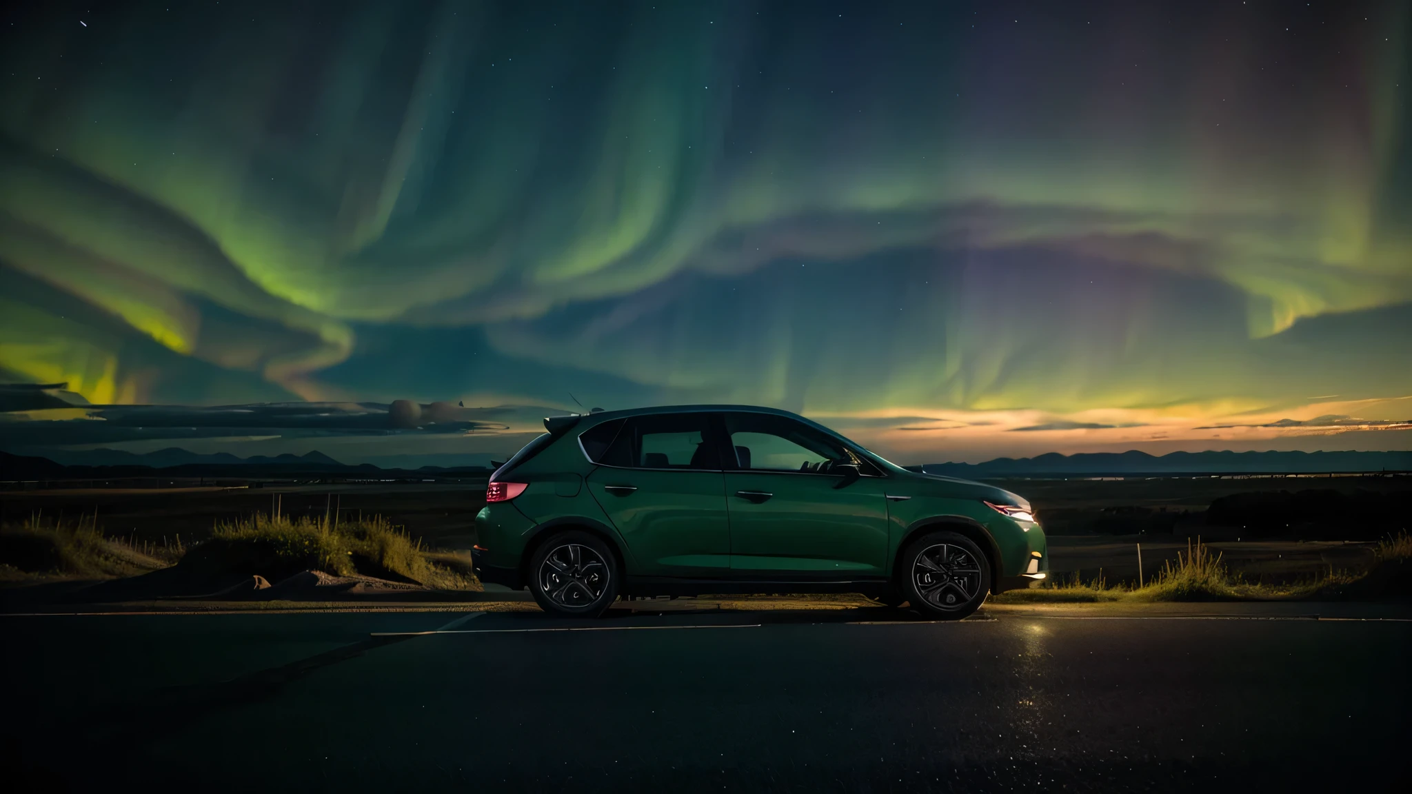 car seen from the outside heading towards the horizon with an aurora borealis in the sky