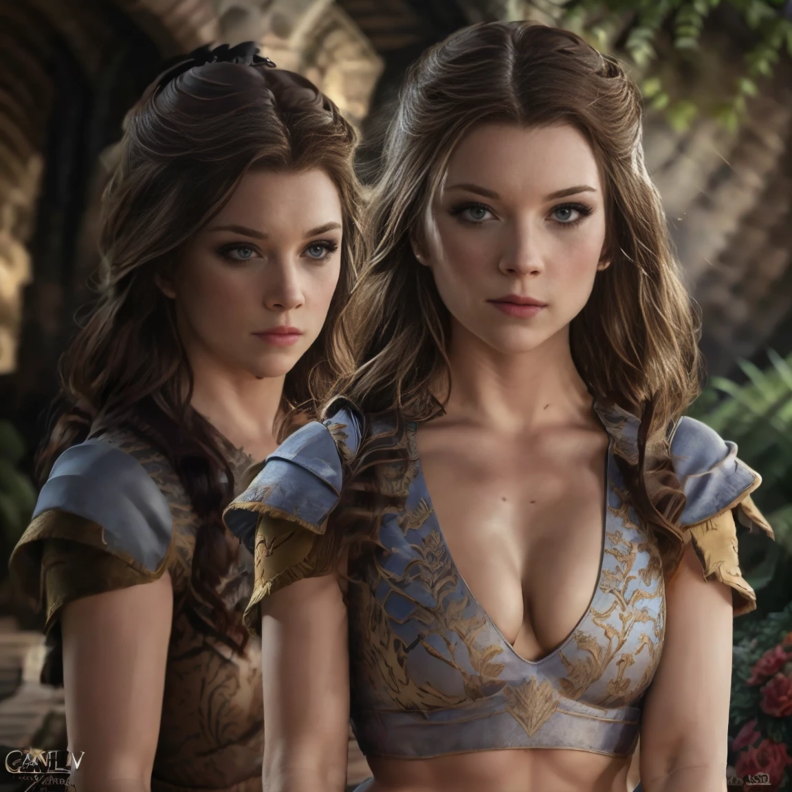 score_9, score_8_up, score_7_up, score_6_up, score_5_up, Margaery Tyrell from Game of Thrones, brown hair, sexy, extremely detailed artgerm, in medieval guard uniform posing, midriff, cleavage, (masterpiece, best quality:1.2), Next to a garden, flowers, beautiful, medieval, (insanely detailed, beautiful detailed, masterpiece, best quality), (insanely detailed, masterpiece, best quality) natalie dormer