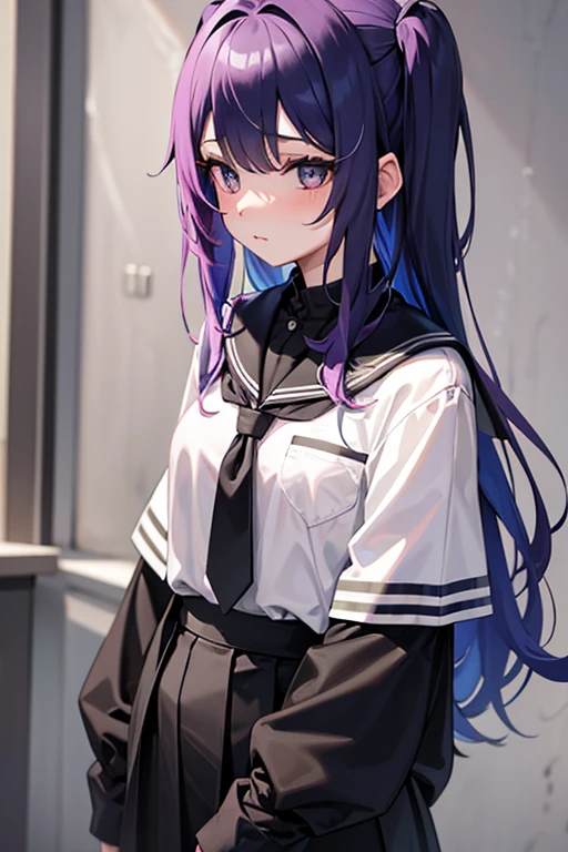 Girl with pink black and blue hair in a black school outfit