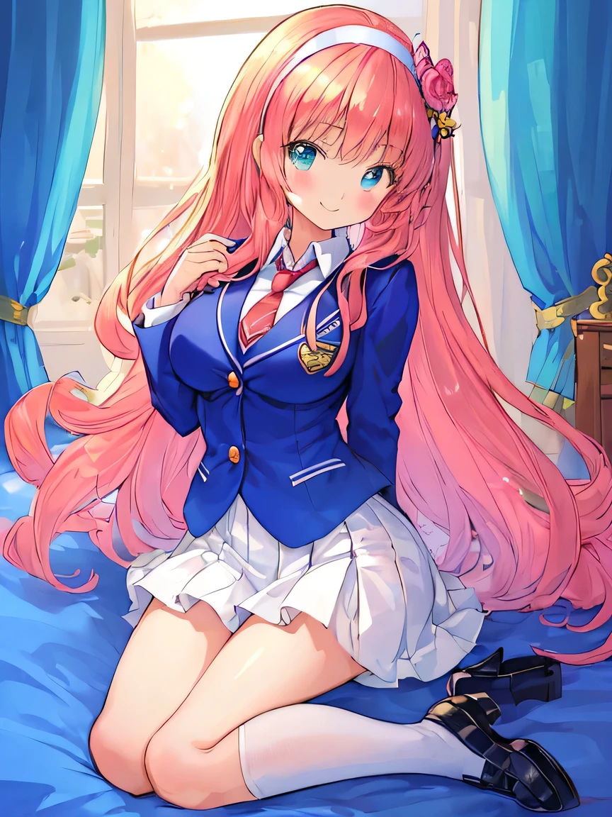 ((masterpiece)), ((best quality)), (ultra-detailed), ((kawaii)), cute, (lovely), illustration, anime style, full body, full body focus, a cute girl, own room, Blazer uniform, necktie, (beautiful eyes), beautiful hair, horseshoe-shaped hairband, slim, slender, medium breast, (seductive smile).