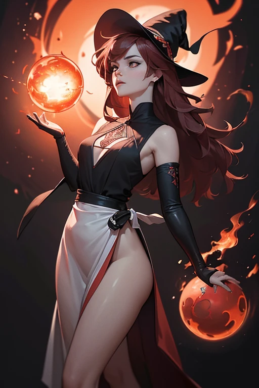 (Main work, high-quality hyper-realistic photography, with carefully crafted details and excellent execution. Negative space 1.4, solitary woman, finely detailed eyes, crimson red hair waving in the wind, worn red witch hat, fireball thrown as part of a spell, a magical spell involving fire as an element, background design of the artwork, fire, with orange and red colors and a fractal pattern (repetitive and geometric), looking sideways at the fireball, full-body shot, breathtaking beauty, pure perfection, divine presence, unforgettable, extraordinary beauty, volumetric light, auras, rays, vibrant and reflective colors. High-quality photography in HD, 8K, UHD, HDR, DSLR, gigapixel and unprocessed, detailed and realistic, with an elaborate background. Conceptual ideas, post-processing, elegant and perfectionist centered image. Outrun color palette, red and black in the style of sy3, dark tones, aesthetic, invisible infrared, gothic darkness.), Intricate Textures, Greyscale, monochrome