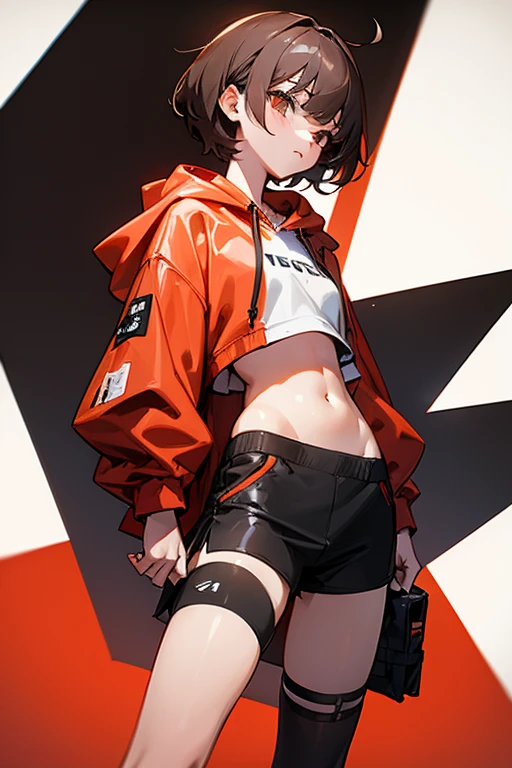 Cute girl 、Grey-based design、Grey clotheonotone fashion、Belly button、Shoulder、slender、黒いTight clothing、Pixie Cut、Sporty、Grown-up、24-years-old、Red-brown hair、Oversized Shorts、Oversized hoodie、Translucent tightesh tights、Off-the-shoulder hoodie、See-through design、Short skirt、