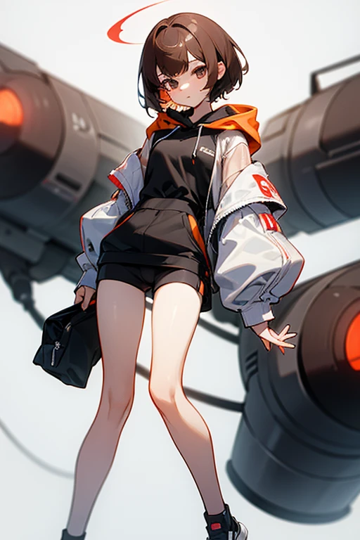 Cute girl 、Grey-based design、Grey clotheonotone fashion、Belly button、Shoulder、slender、黒いTight clothing、Pixie Cut、Sporty、Grown-up、24-years-old、Red-brown hair、Oversized Shorts、Oversized hoodie、Translucent tightesh tights、Off-the-shoulder hoodie、See-through design、Short skirt、