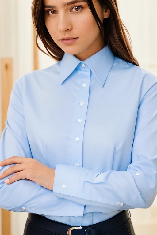 RAW photograph of a smart looking 1girl, solo, wearing a collared shirt, long sleeves, shirt tucked in, cowboy shot, photographed on a Fujifilm XT3, 80mm F/1.7 prime lens, cinematic film still, cinestill 500T, highly detailed, masterpiece, highest quality, intricately detailed, HDR, 8k, uhd, photorealistic