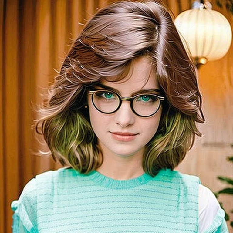 (masterpiece, best quality:1.2), modern 2010 light ambience, NOT too much exposure*. woman, solo. 18 years old WOMAN. pretty. she is a thin and long nose. wearing round glasses like harry potter, she has clear and big green eyes, she is wearing 80's outfit. BEAUTIFUL WOMAN