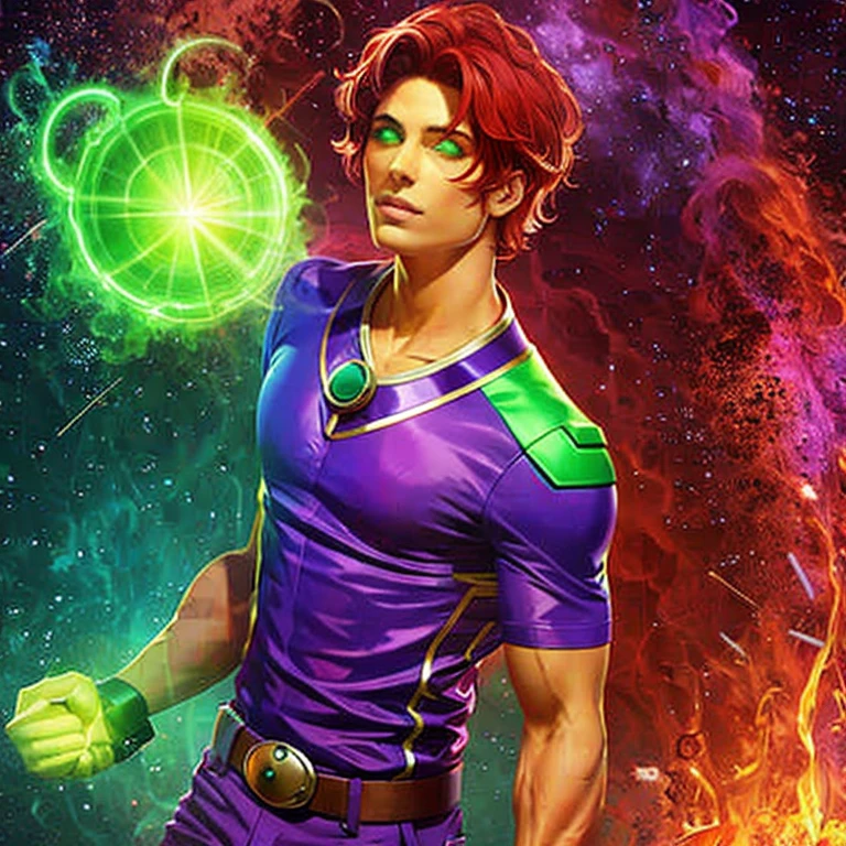 (masterpiece, best quality:1.2), 1boy, solo, colored skin, green eyes, red short hair, purple clothes, wildfire