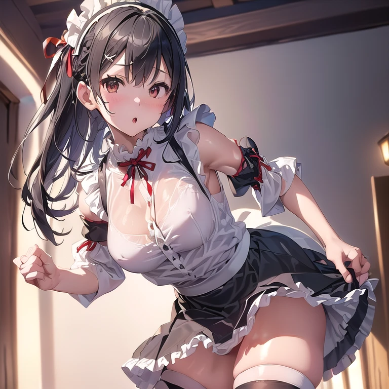 NSFW,(official art、highest quality、Unity 8k wallpaper、32K:1.3、masterpiece、super detailed、超high resolution、realistic、Photoreal:1.2)、(cinematic lighting:1.2)、fire glow effect、film grain、best shadows、rim lighting、side light、(Super detailed and complex 3D rendering)、beautiful background、detailed beautiful face and eyes、(Beautiful and sharp pupilasterpiece, high resolution、highest quality, Ultra - High resolution, maximum resolution, very detailed, professional lighting, beautiful skin,BREAK, (完璧な手, 完璧な解剖学,精細な目:1.5,精細な瞳:1.5),(((solo, black thighhighs, black skirt, , frilled skirt, detached sleeves, sleeveless shirt, white shirt, red ribbon ,maid headdress))), (((胸に注目、パンティーに注目)))、太い輪郭:1.3、精細な輪郭、はっきりした色彩、鮮やかな色彩,BREAK (((非常に精細な瞳、光を反射してきれいに輝く瞳:1.3、非常に精細な顔、透き通った瞳、光沢のある美しい瞳,宝石のように美しく輝く瞳,透明感のある瞳)))、美しい肌、色白、明るい、鮮やかな色彩、(((美しい銀色の髪:1.3))),BREAK (((10歳:1.3))),8歳、,かわいい顔, 詳細な顔, 詳細な肌, 詳細な衣服, 詳細な指, 引き締まった脚,ウエストが細い、魅力的な太もも、驚くほど非常に細い脚、驚くほど細い太もも、滑らかで美しい太もも、 凹凸の少ない美脚、驚くほど超大量の精液で太ももが濡れている, 口からたくさんの白い精液がこぼれている,BREAK 非常に大量の汗をかく,(((驚くほど非常に大きな胸:1.3、驚くほどふっくらとした巨乳:1.5,爆乳:1.5,美しい胸、美しい胸の形、尖った胸、胸の先端がツンと尖る、驚くほど非常に大量の精液でおっぱい全体がとても濡れている:1.3、薄い桜色の小さい乳首が1つだけ露出、薄い桜色の小さい乳輪))),BREAK (((足を横に広げて:1.3,魅力的な胸の谷間,足を120度横に広げて:1.5)))、股間から水がしたたる、透おもらし,BREAK 下着がびしょびしょに濡れている、生えかけの薄い陰毛、 BREAK ガーター、レッグガーター、黒いニーハイソックス、膝上30cm丈のミニスカート、とても小さいスカート,BREAK (((小さいパンティーが露出:1.3、パンティーのクロッチが濡れている))),BREAK シャツの第2ボタンと第3ボタンと第4ボタンが外れている、上腕が露出、赤い首輪:1.3,BREAK ブラウンのローファー,BREAK pantypull,pantydrop,panties,(((完璧な膣の形、精細な膣))),panties around one leg, panties around one ankle ,BREAK (((口を大きく開けて:1.5、精細な口の中:1.5,オナニー)))、ピースサイン、(((恥ずかしくて頬が非常に紅潮している:1.5、差し迫ったフェラチオ、フェラチオの準備)))、恥ずかしくて赤面,オーガズム、エクスタシー、たくさんの汗で頬が濡れている,((自分でスカートをめくる、スカートの裾を持ち上げる:1.5)),BREAK (((下から撮影)))、全身が見える、 明るくオシャレなカフェ、美しい都会の景色,Masturbation,Breast Lift,(((lol