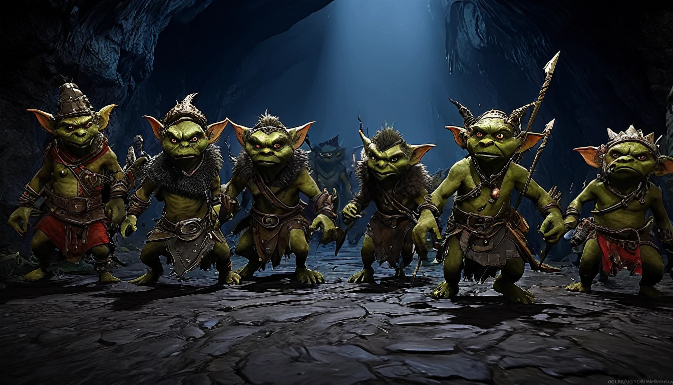 A ragtag horde of goblins surge towards the viewer (hungry, evil, dressed in scrap furs and rags, big eyes, big ears) four elite goblins lead from the rear (shaman, thief, warrior, and warlock), cave