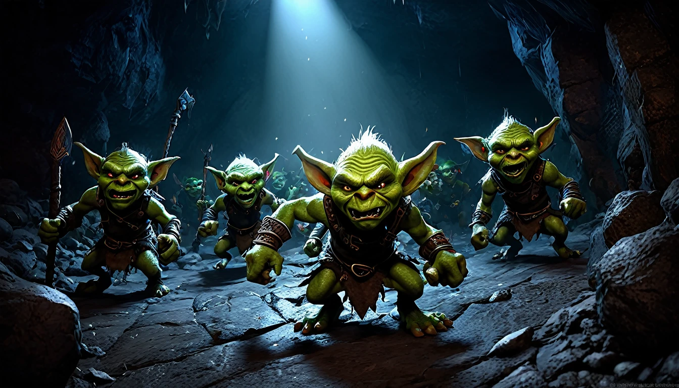 a ragtag horde of goblins, hordes of goblins, goblins charging at viewer, goblins surging forward, evil goblins, hungry goblins, goblins dressed in scrap furs and rags, goblins with big eyes, goblins with big ears, four elite goblins leading from rear, goblin shaman, goblin thief, goblin warrior, goblin warlock, dark cave, cave interior, dramatic lighting, cinematic composition, digital painting, concept art, fantasy, high detail, hyperrealistic, 8k, best quality
