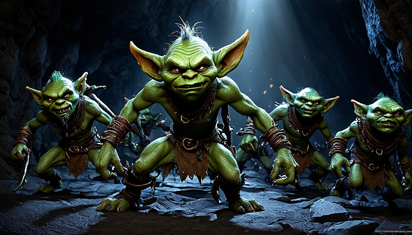 a ragtag horde of goblins, hordes of goblins, goblins charging at viewer, goblins surging forward, evil goblins, hungry goblins, goblins dressed in scrap furs and rags, goblins with big eyes, goblins with big ears, four elite goblins leading from rear, goblin shaman, goblin thief, goblin warrior, goblin warlock, dark cave, cave interior, dramatic lighting, cinematic composition, digital painting, concept art, fantasy, high detail, hyperrealistic, 8k, best quality