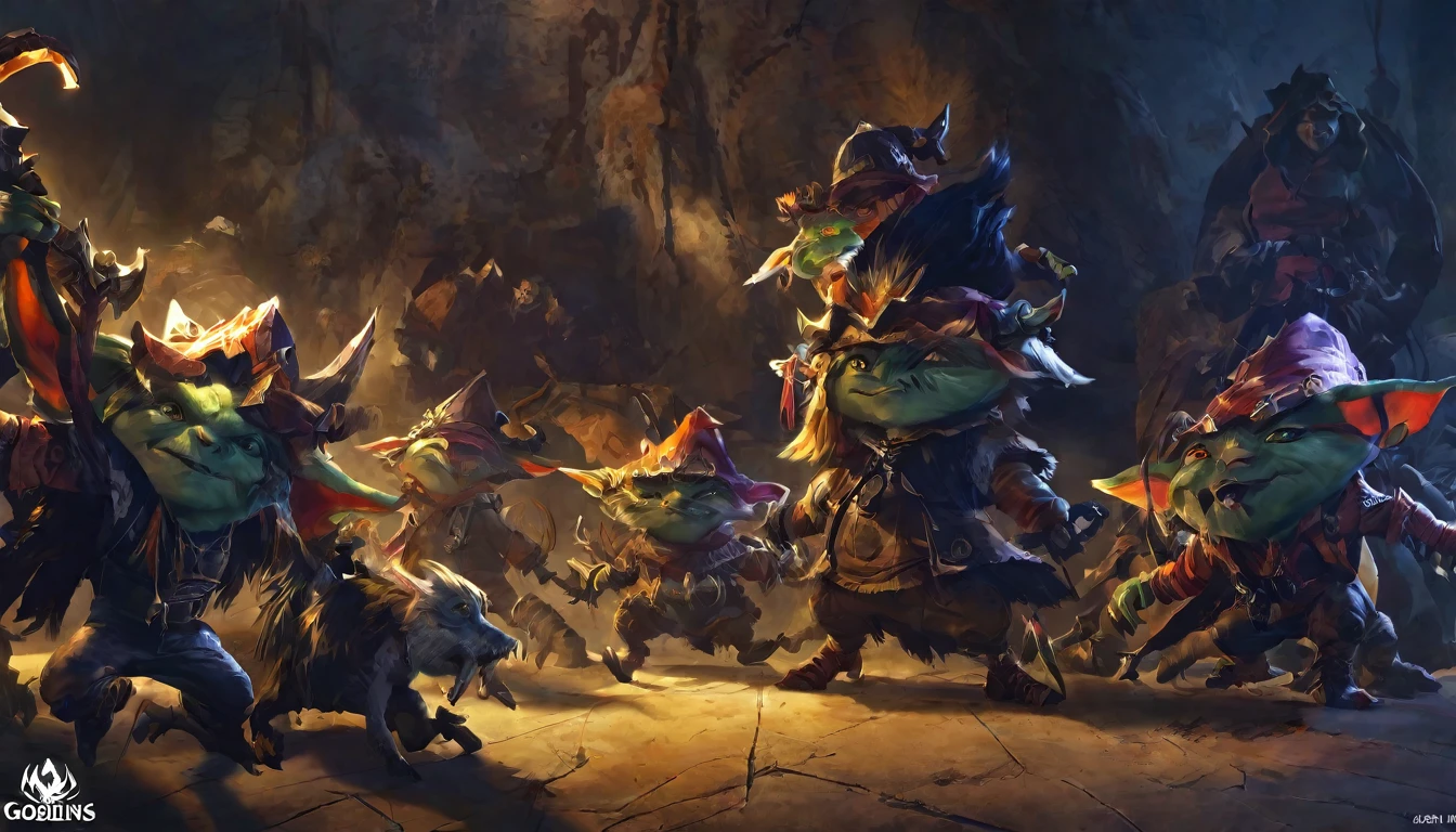 a ragtag horde of goblins, hordes of goblins, goblins charging at viewer, goblins surging forward, evil goblins, hungry goblins, goblins dressed in scrap furs and rags, goblins with big eyes, goblins with big ears, four elite goblins leading from rear, goblin shaman, goblin thief, goblin warrior, goblin warlock, dark cave, cave interior, dramatic lighting, cinematic composition, digital painting, concept art, fantasy, high detail, hyperrealistic, 8k, best quality
