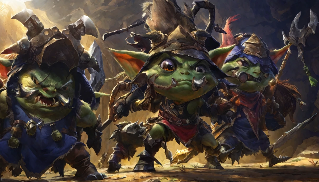 a ragtag horde of goblins, hordes of goblins, goblins charging at viewer, goblins surging forward, evil goblins, hungry goblins, goblins dressed in scrap furs and rags, goblins with big eyes, goblins with big ears, four elite goblins leading from rear, goblin shaman, goblin thief, goblin warrior, goblin warlock, dark cave, cave interior, dramatic lighting, cinematic composition, digital painting, concept art, fantasy, high detail, hyperrealistic, 8k, best quality