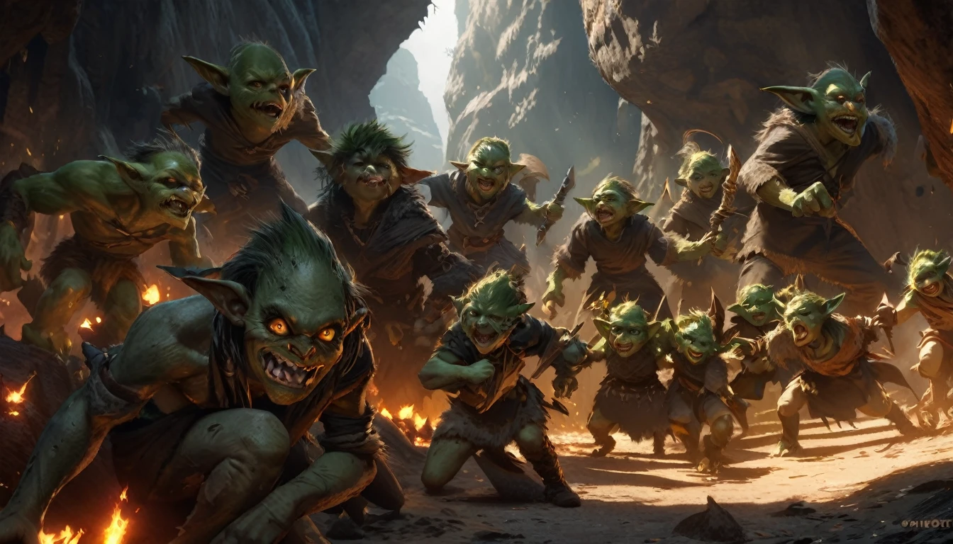 a ragtag horde of goblins, hordes of goblins, goblins charging at viewer, goblins surging forward, evil goblins, hungry goblins, goblins dressed in scrap furs and rags, goblins with big eyes, goblins with big ears, four elite goblins leading from rear, goblin shaman, goblin thief, goblin warrior, goblin warlock, dark cave, cave interior, dramatic lighting, cinematic composition, digital painting, concept art, fantasy, high detail, hyperrealistic, 8k, best quality