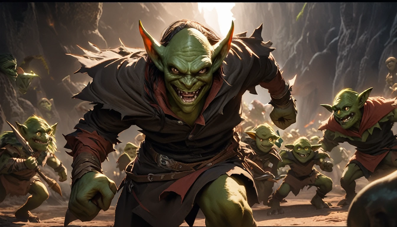 a ragtag horde of goblins, hordes of goblins, goblins charging at viewer, goblins surging forward, evil goblins, hungry goblins, goblins dressed in scrap furs and rags, goblins with big eyes, goblins with big ears, four elite goblins leading from rear, goblin shaman, goblin thief, goblin warrior, goblin warlock, dark cave, cave interior, dramatic lighting, cinematic composition, digital painting, concept art, fantasy, high detail, hyperrealistic, 8k, best quality
