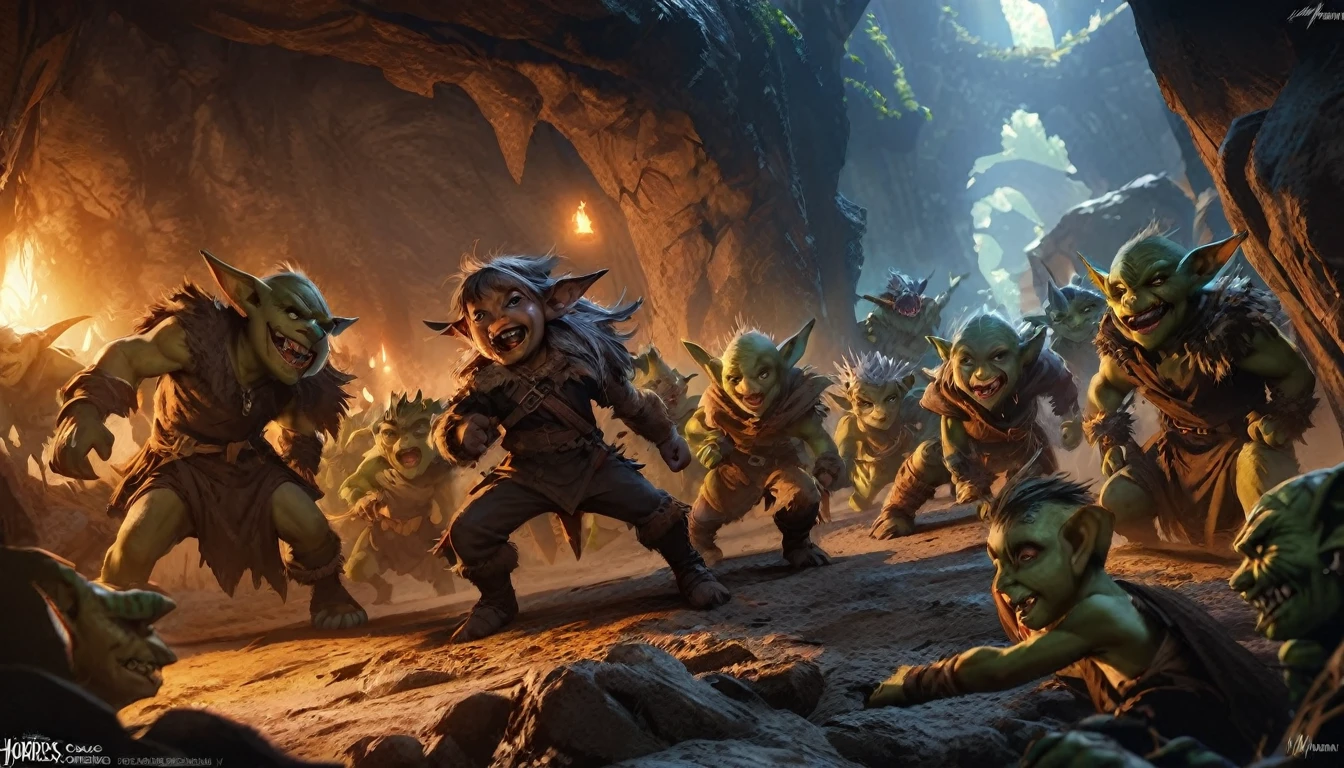 a ragtag horde of goblins, hordes of goblins, goblins charging at viewer, goblins surging forward, evil goblins, hungry goblins, goblins dressed in scrap furs and rags, goblins with big eyes, goblins with big ears, four elite goblins leading from rear, goblin shaman, goblin thief, goblin warrior, goblin warlock, dark cave, cave interior, dramatic lighting, cinematic composition, digital painting, concept art, fantasy, high detail, hyperrealistic, 8k, best quality
