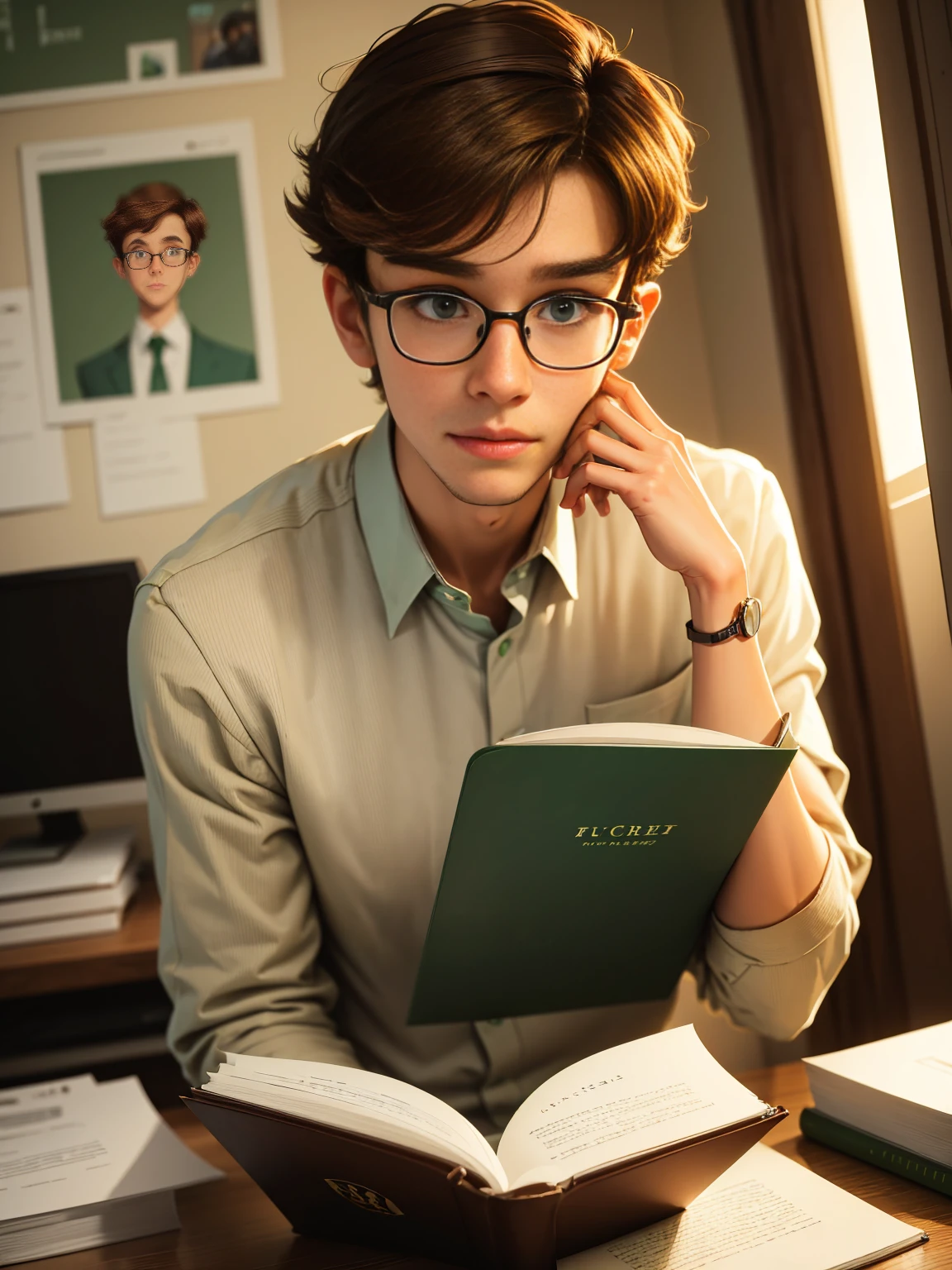 Cute, nerdy boy, brown hair, delicate face, beautiful face, shy expression and flushed cheeks, green eyes, delicate mouth, strong body. He's wearing round glasses, nerdy clothes, holding books. Scene, teenager's room