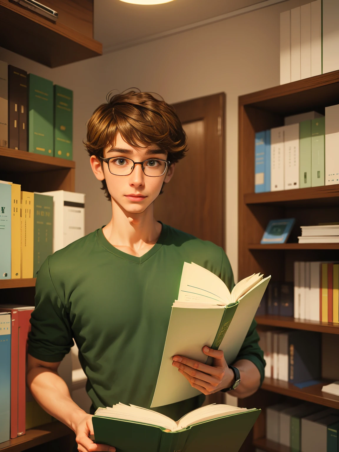 Cute, nerdy boy, brown hair, delicate face, beautiful face, shy expression and flushed cheeks, green eyes, delicate mouth, strong body. He's wearing round glasses, nerdy clothes, holding books. Scene, teenager's room