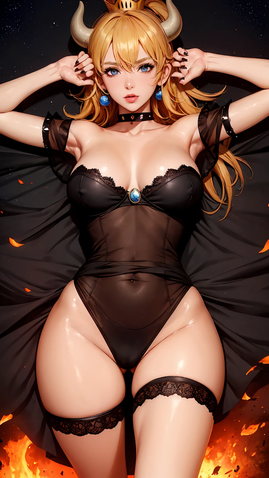((alto detallado, Mejor calidad, 4k, obra maestra, High Definition:1.3)), ((Mejor calidad)), (((High Definition))), (((8K))), (ultraDH), (ultra High Definition), princesa margarita, blue eyes, ROMPER ojos azules, seductor, atractivo, arte cg anime suave, senos 36C, piernas largas, vivid colors, arte digital detallado, Cuerpo delgado, piel perfecta, oscuro pelo rubio, pelo largo, pelo rubio, pelo rubio, ROMPER corona, escote, 36C escote, mirando al espectador, BREAK mirando al espectador, cara extremadamente detallada, traje rojo de santa, red Santa Claus Costume, Santa Claus Costume, pendientes, joya, oscuro maquillaje negro lips, oscuro gothic eyeshadows, oscuro eyeshadows, sombras de ojos negras, labios negros sexys, LABIOS NEGROS, (oscuro:1.2), oscuro lips, very oscuro lips, (manos perfectas, perfect anatomy), maquillaje negro, labios negros medianos, labios negros y gruesos, dedos detallados, cinco dedos por mano, 5 dedos, (1 chica), labios detallados, detailed LABIOS NEGROS, labios pintados de negro, gothic painted lips, Noche de descanso, cielo nocturno, (enfoque en el seno), (brazos extendidos:1.2), (desde arriba:1.1), (pechos afuera:1.3), (fuera del hombro:1.1), (cuernos blancos), (lingerie), dentro de un castillo de lava, ella dentro de un mar de lava, she bathing in lava, cuerpo completo, perfect piernas largas, pies perfectos, piernas y pies en la lava,
