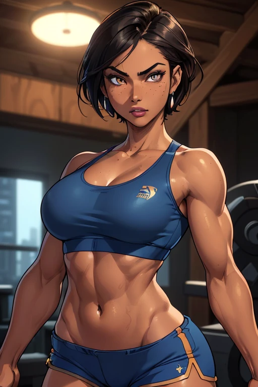 Best quality, masterpiece, ultra high res, colorful, extremely detailed eyes and face, beautiful detailed eyes, 1girl, solo, (26 year old:1.3), (Filipino Woman:1.3), (tanned bronze skin:1.4), (short black hair:1.3), (Amber eyes:1.2), (Detailed face:0.97, (Detailed eyes:1.09), (Mascara:1.02), (Earrings:1.06), (tanned bronze skin:1.08), (Wearing: Blue Sports bra, Blue Shorts:1.2), (agile physique:1.1), (Character Focus),Perfect Anatomy,(Professional Lighting), (Throwing a punch), female fighter, martial artist,(super detailed skin), (Parted lips:1.1),(Glossy lips),(lip stick), (Ideal ratio body proportions:1.1), she's looking directly at the camera with a (fierce, dangerous, determined) gaze. (Background: Indoors, Gym), full body, 4k textures, colorful, extremely detailed eyes and face, beautiful detailed eyes, sharp focus, even lighting, insane details, intricate details, hyperdetailed, rich colors