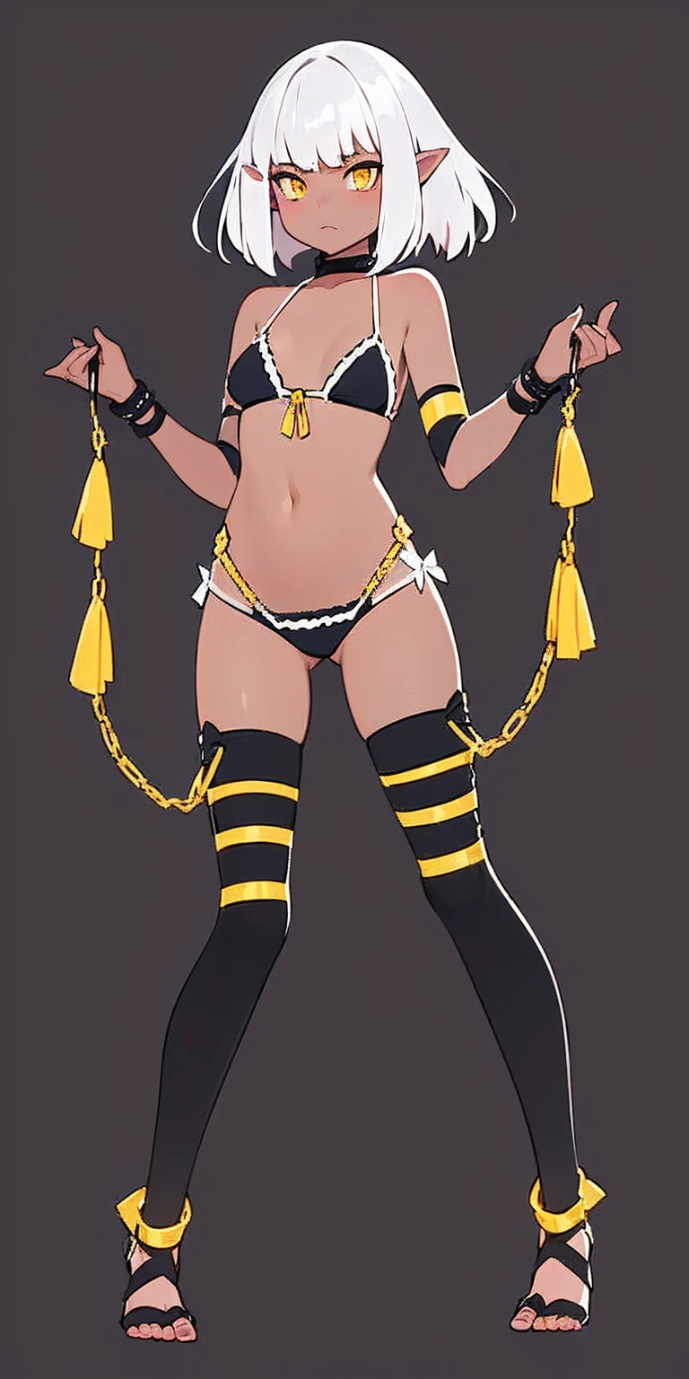 (Masterpiece, plain background:1.2) Female full body, standing straight symmetrical feet together, blood dark elf, dark skin, long messy white hair, short elf ears, circlet, yellow eyes, 1990s (style), female 1sologirl slingshot micro bikini, barefoot, bare handcuffs, shackles wristbands, bracers, bracelets, pauldrons metal shoulders