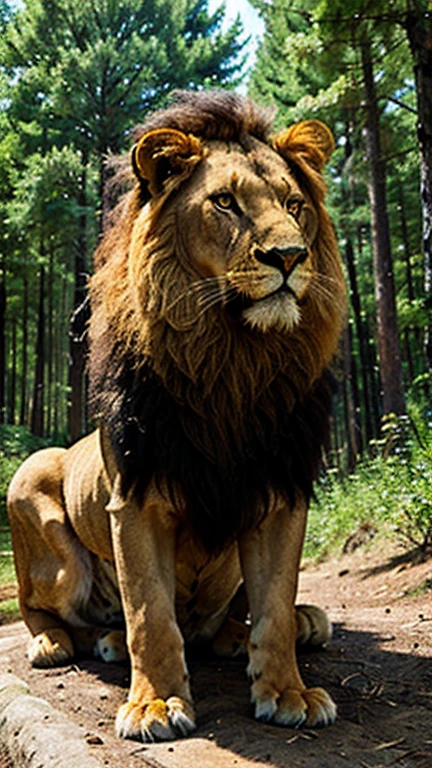 Generate an image of a beautiful lion in a beautiful forest on a mountain