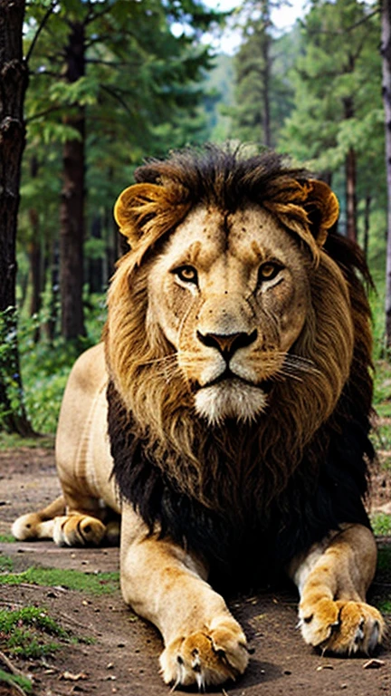 Generate an image of a beautiful lion in a beautiful forest on a mountain