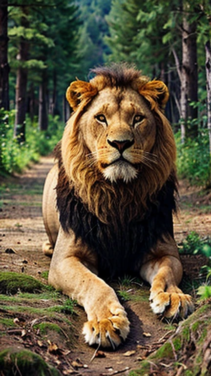 Generate an image of a beautiful lion in a beautiful forest on a mountain