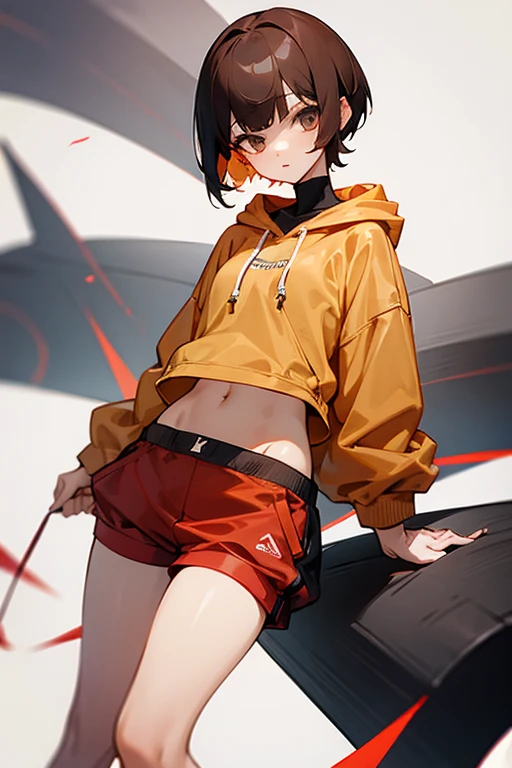 Cute girl 、Grey-based design、Grey clotheonotone fashion、Belly button、Shoulder、slender、黒いTight clothing、Pixie Cut、Sporty、Grown-up、24-years-old、Red-brown hair、Oversized Shorts、Oversized hoodie、Translucent tightesh tights、Off-the-shoulder hoodie、See-through design、Short skirt、