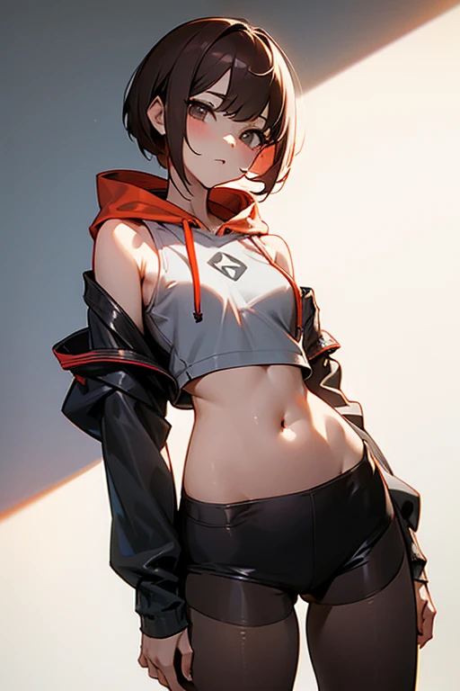 Cute girl 、Grey-based design、Grey clotheonotone fashion、Belly button、Shoulder、slender、黒いTight clothing、Pixie Cut、Sporty、Grown-up、24-years-old、Red-brown hair、Oversized Shorts、Oversized hoodie、Translucent tightesh tights、Off-the-shoulder hoodie、See-through design、Short skirt、