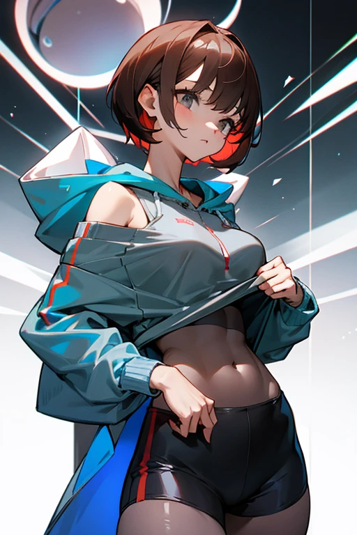 Cute girl 、Grey-based design、Grey clotheonotone fashion、Belly button、Shoulder、slender、黒いTight clothing、Pixie Cut、Sporty、Grown-up、24-years-old、Red-brown hair、Oversized Shorts、Oversized hoodie、Translucent tightesh tights、Off-the-shoulder hoodie、See-through design、Short skirt、