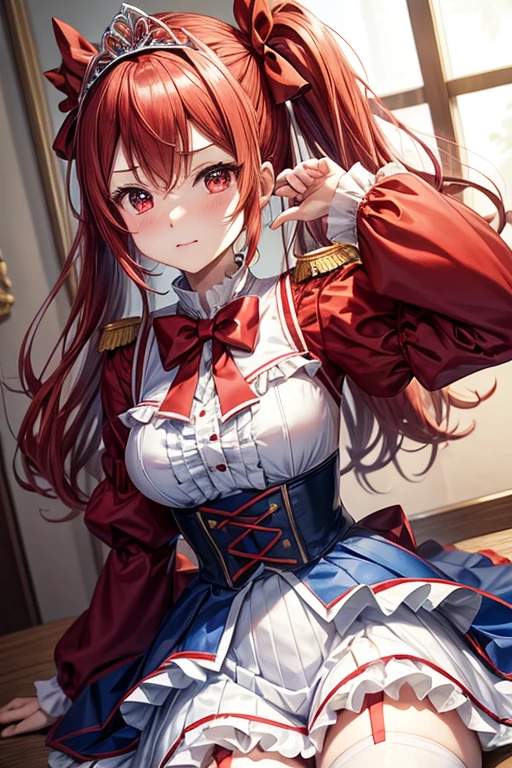 daiwa scarlet \(umamusume\),
hair bow, red bow, tiara, epaulettes, puffy long sleeves, juliet sleeves, black bowtie, white shirt, framed breasts, blue jacket, blue dress, center frills, underbust, layered skirt, garter straps, white thighhighs,